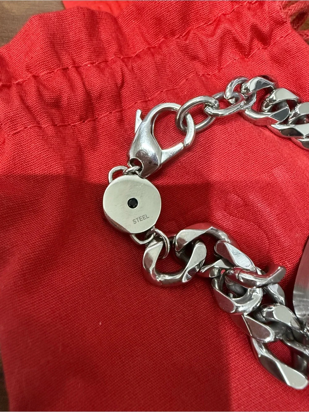 Diesel Silver-Tone ID Curb Chain Bracelet with Red Pouch